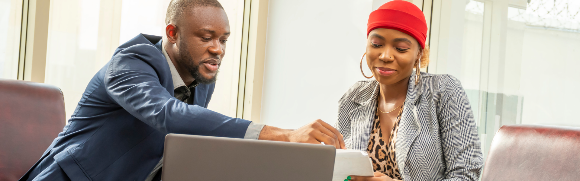 man talking to her client